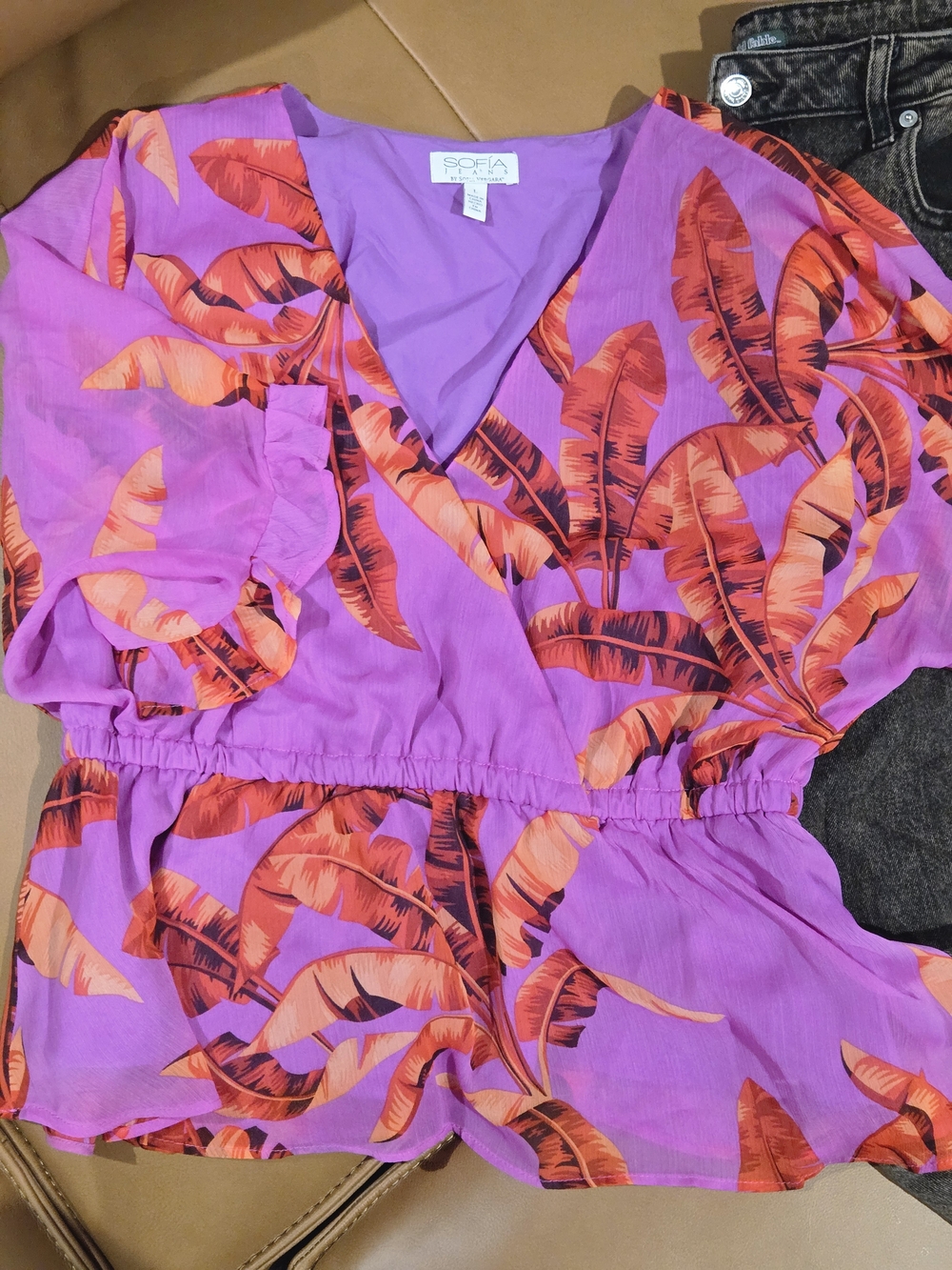 SOFIA by Vero Moda Purple Tropical Print Wrap Blouse